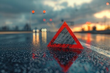 Poster - Red triangular sign on wet road, suitable for road safety concepts