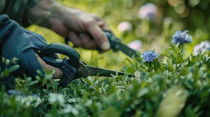 Poster - A person using scissors to cut grass, suitable for gardening concepts