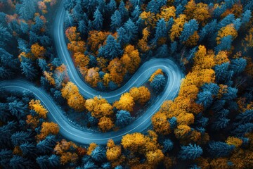 Poster - Aerial view of a road winding through a forest, suitable for travel and nature concepts