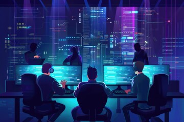 Poster - A group of individuals sitting in front of computer monitors. Ideal for illustrating teamwork and collaboration in an office setting