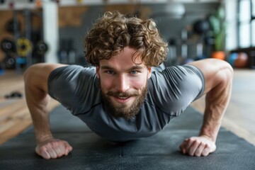 Aufkleber - A man working out on a mat in a gym. Suitable for fitness and exercise concepts