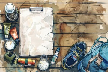 Wall Mural - A painting of a backpack, a pair of shoes, and a watch. Suitable for fashion or travel concepts