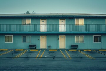 Poster - A blue building with two benches in front of it. Suitable for architectural designs