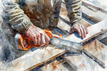 Poster - Detailed watercolor painting of a person using a saw, suitable for industrial or DIY themes