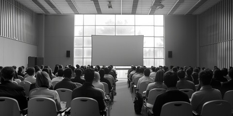 Poster - Group of people sitting in chairs watching presentation. Suitable for business or educational concepts