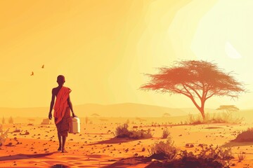 Aufkleber - A man walking in the desert carrying a bucket. Suitable for travel and adventure themes