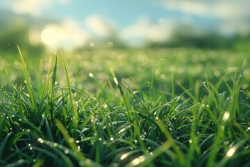 Fresh green grass with sparkling water droplets, ideal for nature backgrounds