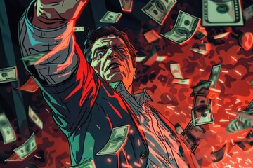 Poster - A man in a suit and tie holding a bunch of money. Suitable for finance and business concepts