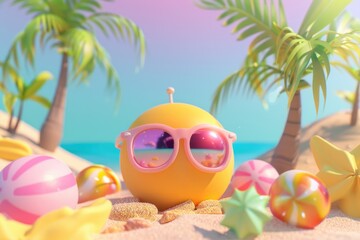 Poster - A vibrant yellow ball with sunglasses resting on a sandy beach. Perfect for summer vacation concepts