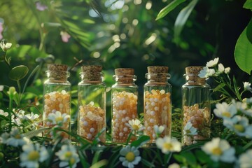 Poster - Glass bottles filled with small white flowers. Perfect for home decor