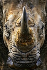 Poster - Close up of a rhino's face with its mouth open. Suitable for educational materials or wildlife conservation campaigns