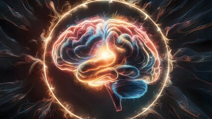 concept art illustration of human brain bursting with vibrant colors and abstract shapes. swirling patterns represent vast knowledge and creativity. background dark void.