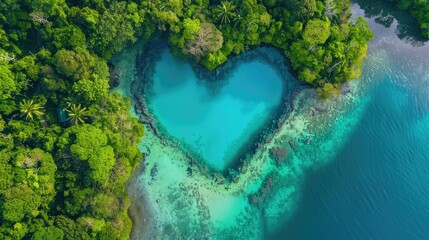 Sticker - Imagine a bird s eye view capturing a heart shaped turquoise lagoon nestled within a lush tropical island embodying the essence of a dreamy summer getaway and the allure of travel and love