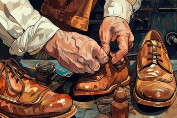 Poster - A man carefully repairing a pair of shoes. Ideal for shoemaking or repair services promotion