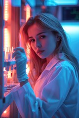 Poster - A woman in a lab coat holding a test tube. Ideal for science and research concepts