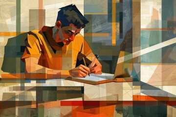 Poster - A man sitting at a table writing on a piece of paper. Suitable for office, business, or education concepts