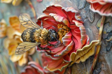 Poster - Detailed close up of a bee on a colorful flower. Ideal for nature and garden concepts