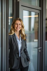 Poster - A woman standing in front of a glass door. Ideal for business or real estate concepts