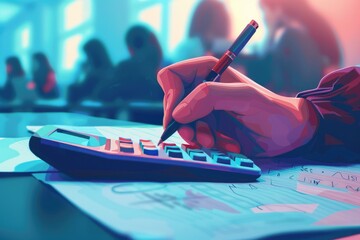 Poster - A person writing on a piece of paper with a calculator. Suitable for financial or educational concepts