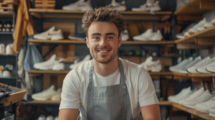 Poster - A man sitting in front of a shelf full of shoes. Perfect for fashion or retail concepts