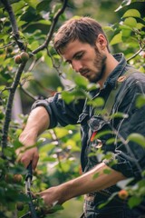 Poster - A man using scissors to cut a tree branch. Suitable for environmental concepts