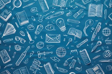 Poster - Various school supplies on a vibrant blue background. Perfect for educational designs