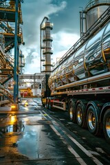 Aufkleber - A large semi truck parked in front of a factory. Ideal for transportation and industrial concepts