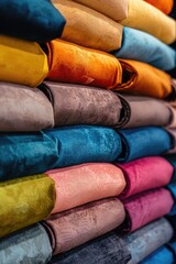 Poster - Colorful fabric neatly stacked on a shelf. Perfect for textile or crafting projects