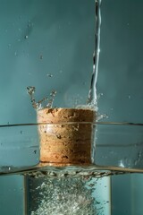 Poster - A glass of water with a cork in it. Can be used for concepts related to conservation or recycling