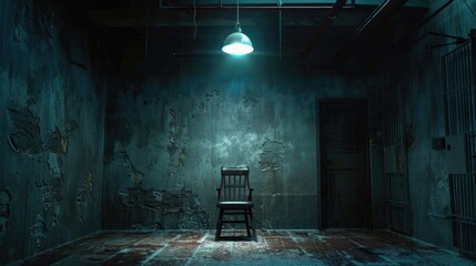 Poster - A chair in a dark room with a hanging light. Suitable for interior design concepts