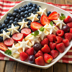 Wall Mural - A close-up of a patriotic-themed fruit salad arranged in the shape of the American flag