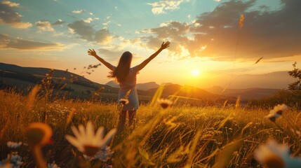 Happy freedom young woman in a meadow with their hands up sunset view landscape. Generated AI