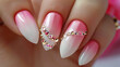 Creative lip makeup and trendy nail art manicure with rhinestones.Matte nail design with a gradient of white, pink and gold nail Polish.