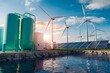 Innovative renewable energy facility with hydrogen tanks, wind turbines, and solar panels by water