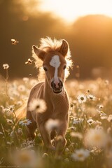Wall Mural - A small brown horse is running through a field of flowers