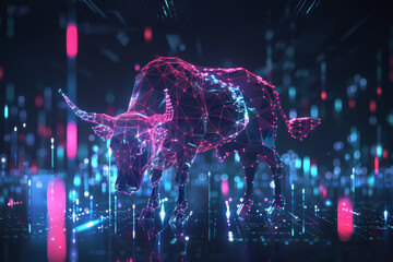 Wall Mural - A bull is depicted in a futuristic cityscape, surrounded by a network of lights