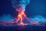 A volcano erupts in a blue sky with a fiery red lava flow