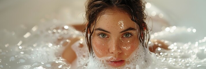 Wall Mural - A woman in a spa, her face glowing, enjoying a relaxing skincare treatment.