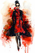 Chic lady in sunglasses and a designer red dress against a vibrant watercolor backdrop.