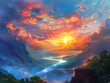 Dramatic sunset over a mountainous landscape with fiery clouds and a glowing river.