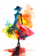 Vibrant watercolor illustration of a woman in a colorful dress, reflected in water below.