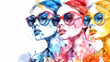 Colorful watercolor portrait of three women in sunglasses, showcasing vibrant splashes.