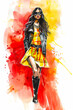 Watercolor fashion illustration of a woman in a yellow plaid dress and black jacket.
