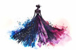 Watercolor silhouette of a woman in an elegant gown, adorned with splashes of blue and pink.