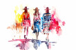 Watercolor fashion illustration of three women walking, enveloped in colorful splashes.