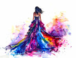 Colorful watercolor painting of a woman in a flowing gown with vibrant splashes.