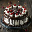 Chocolate cake with cherry topping, whipped cream, and chocolate chips on a rustic plate.