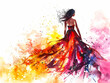 Vivid watercolor of a woman in a colorful dress, surrounded by dynamic paint splashes.