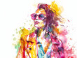 Fashionable female figure in watercolor, featuring bright colors and dynamic splatters.