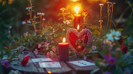 Wall Mural - Candles and fortune telling magic in the forest. Selective focus.